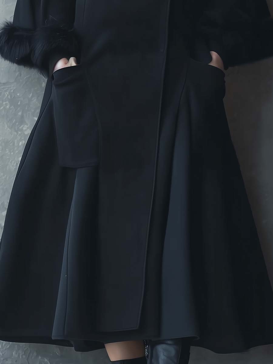 Black Wool-Blend Maxi Coat With Detachable Fur Collar