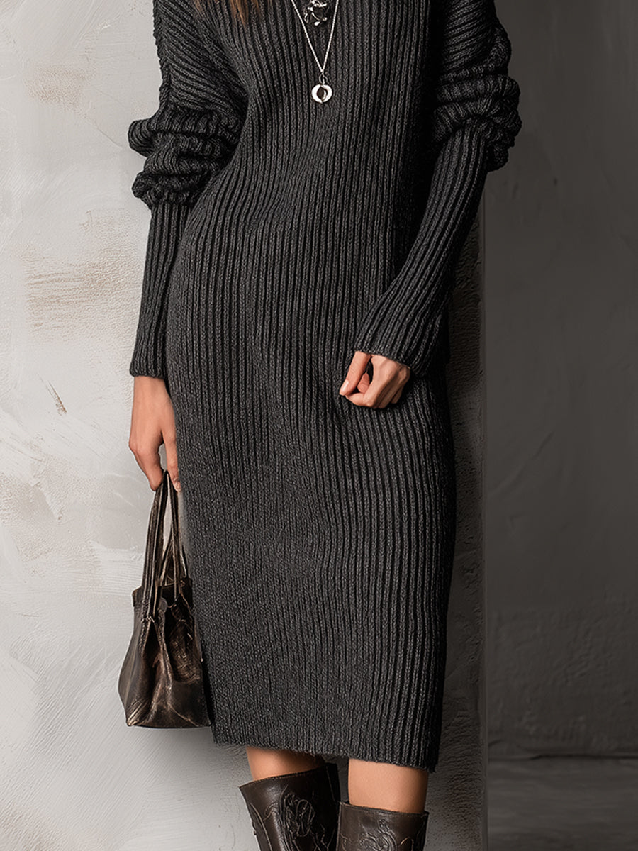 Casual Bat Sleeve Pit Strip Knitted Straight Midi Dress