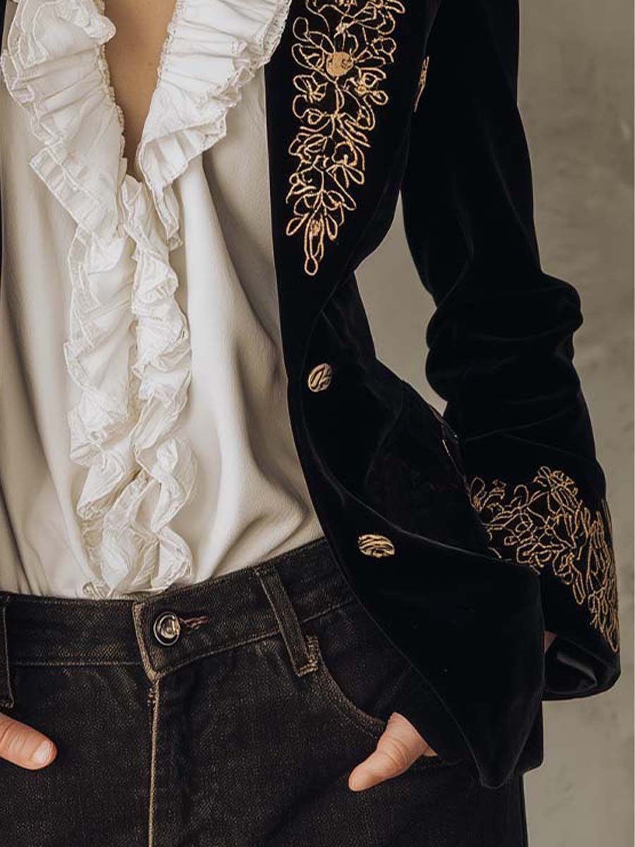 Embroidered Velvet Blazer With Gold Floral Detailing – Midnight Black