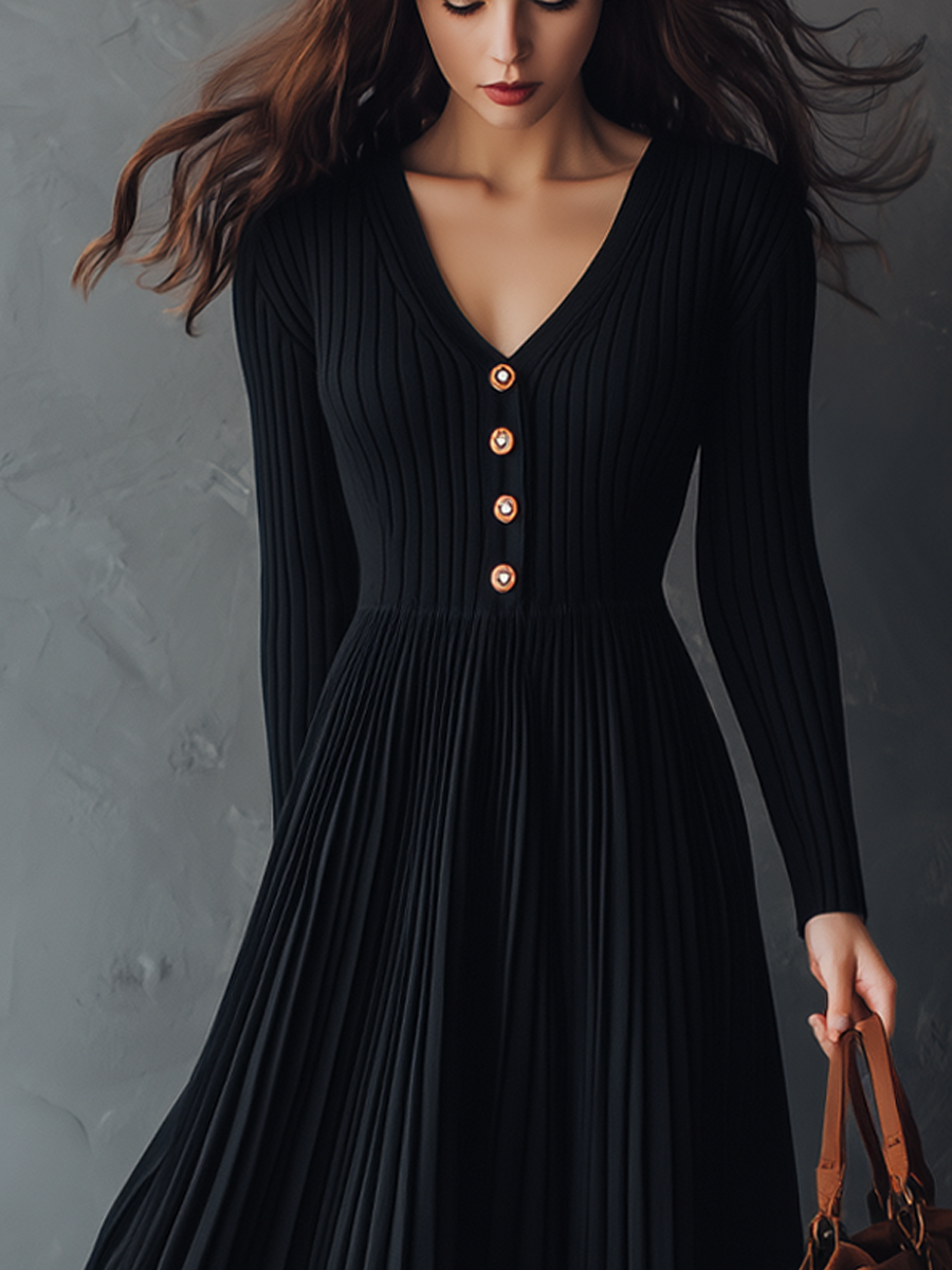 Retro V-neck Pleated Knitted Maxi Dress