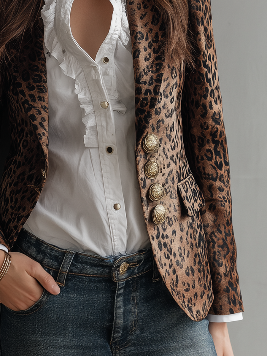 Vintage Button Leopard Print Long-sleeved Blazer