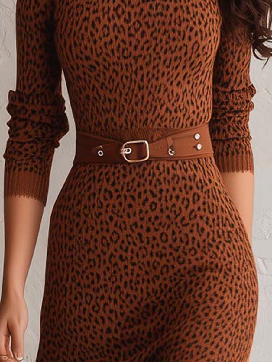 Classic Retro Belted Animal Print Sweater Midi Dress