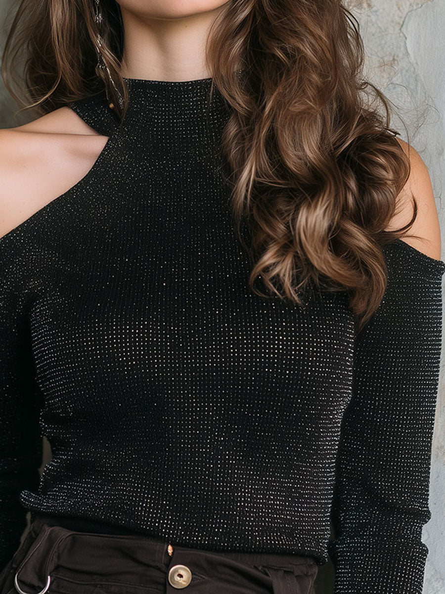 Chic Black Shimmery Knit Cold Shoulder Glitter Top