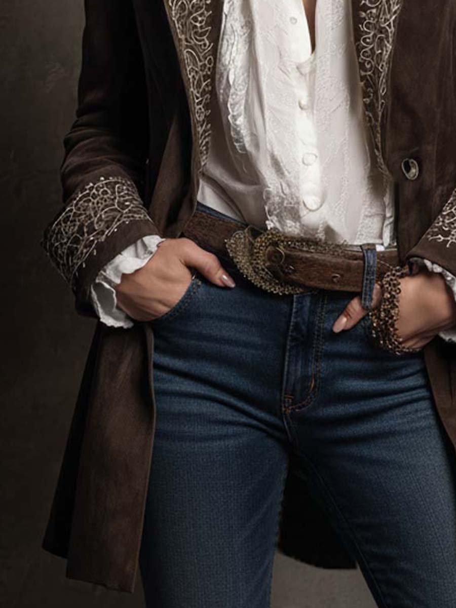 Vintage Western Elegance Mbroidered Suede Long Blazer