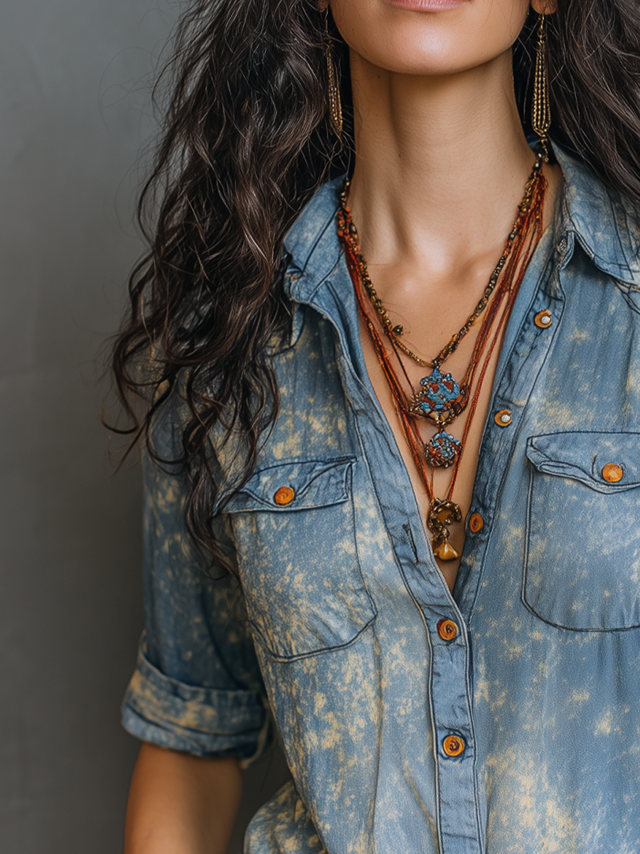 Retro Mottled Pockets Washed Denim Blouse