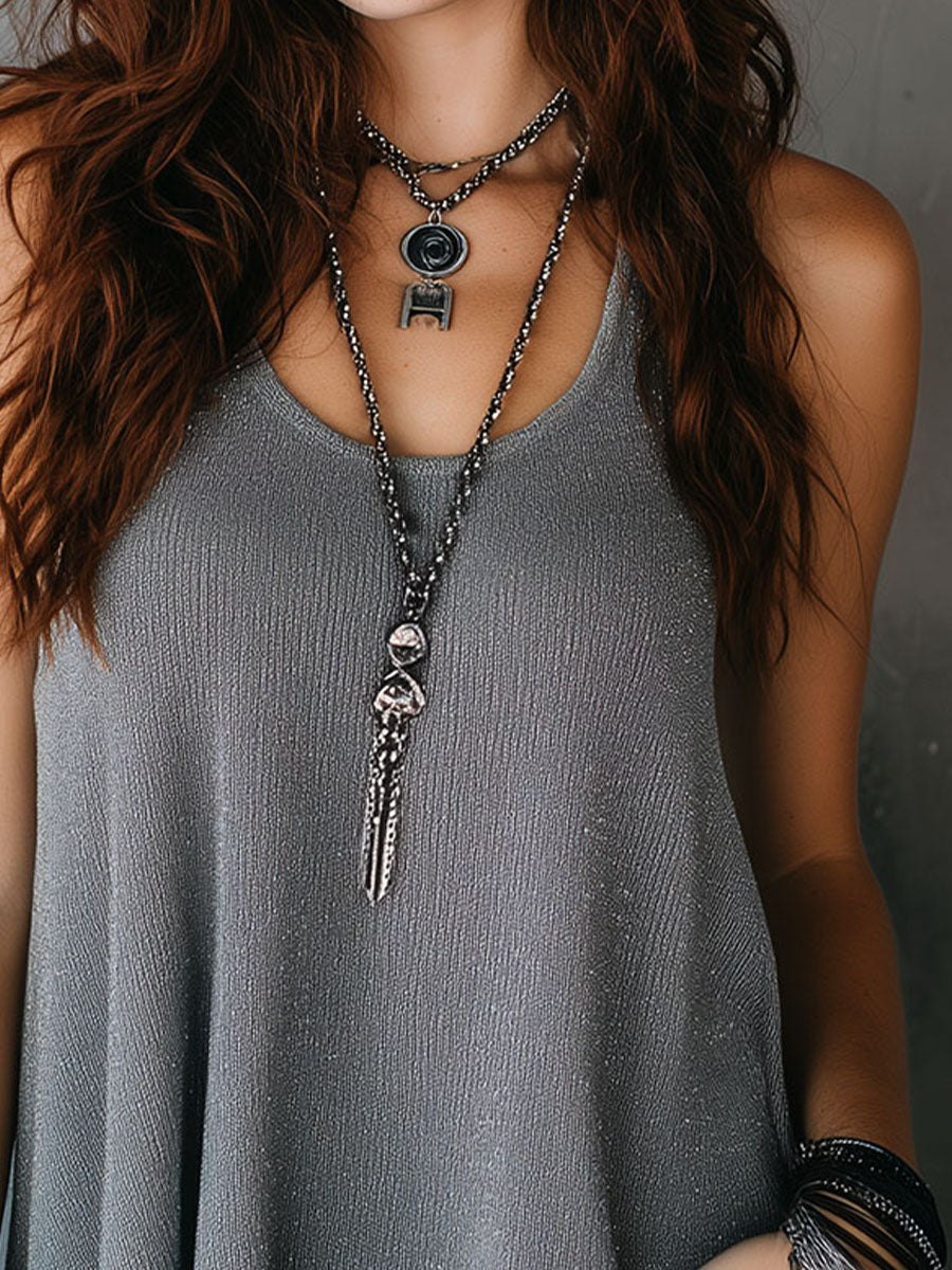 Silver Grey Shimmer Sleeveless Relaxed Fit Flowing Tank Top