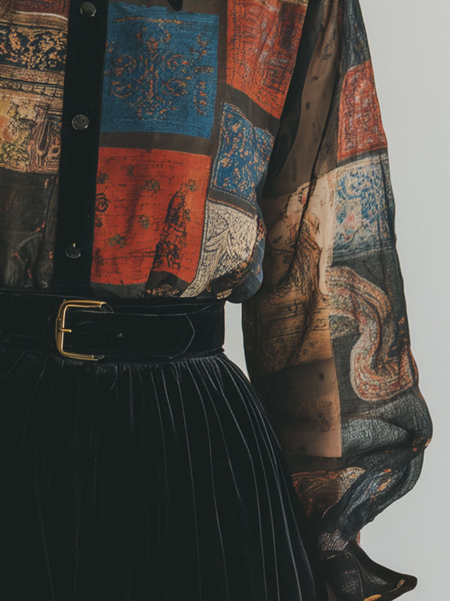 Retro Printed Velvet Patchwork Chiffon Balloon Sleeve Blouse
