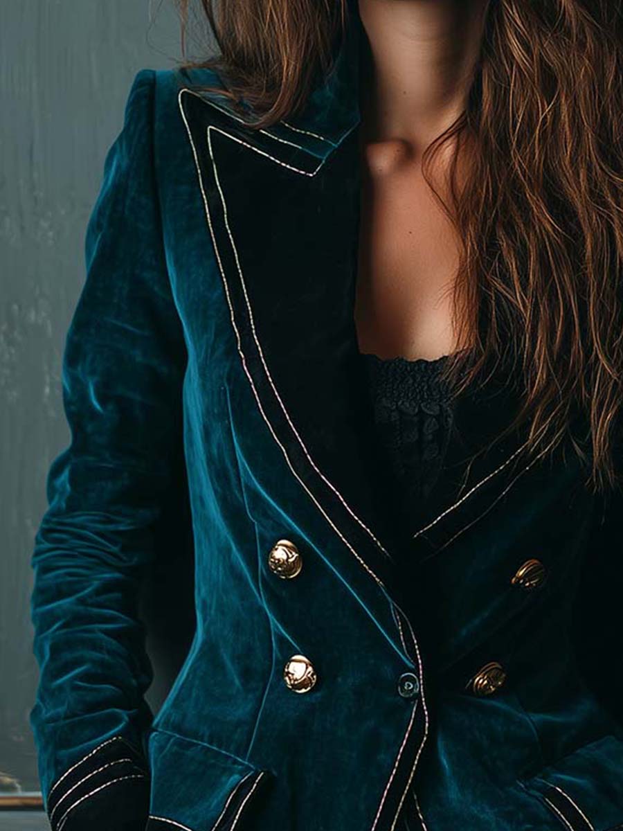 Elegant Polyester Velvet Blazer With Contrast Trim – Deep Teal