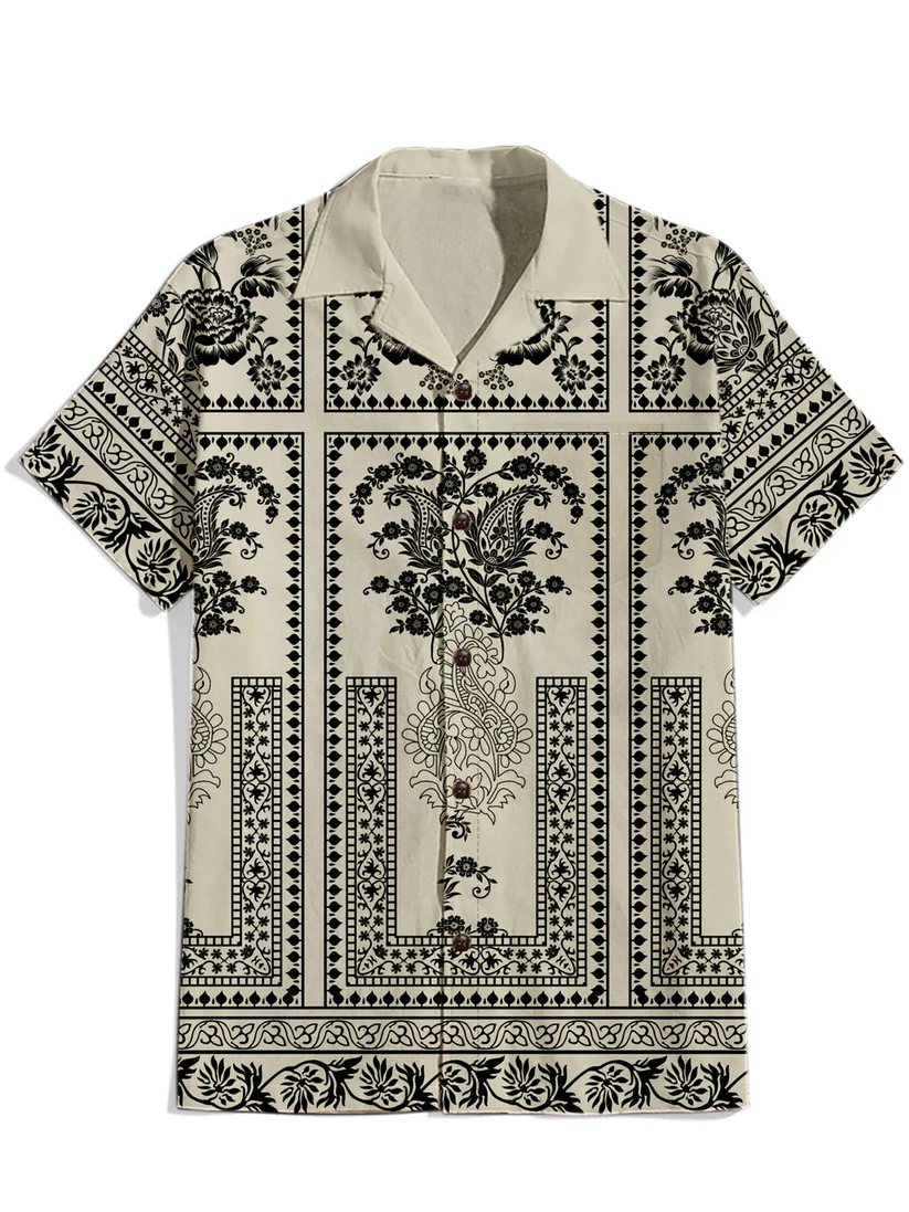 Retro Pattern - 100% Cotton Cuban Collar Shirt
