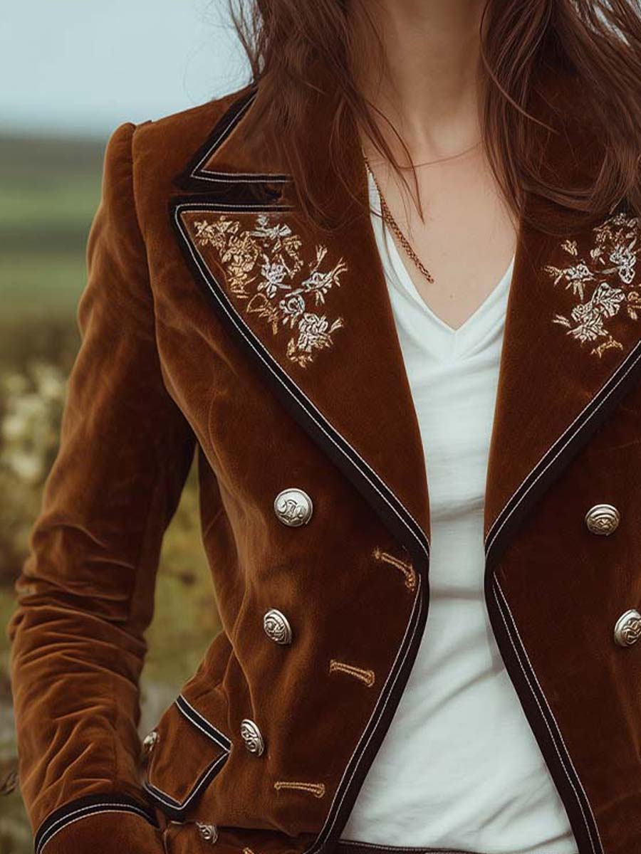 Caramel Velvet Embroidered Lapel Double-Breasted Jacket