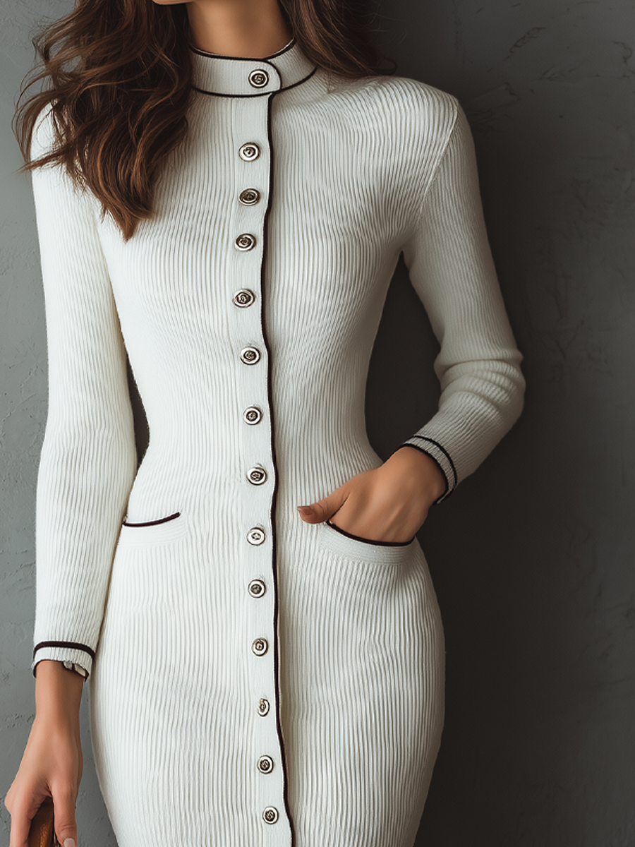 Retro Stand Collar Contrast Trim Knitted Midi Dress