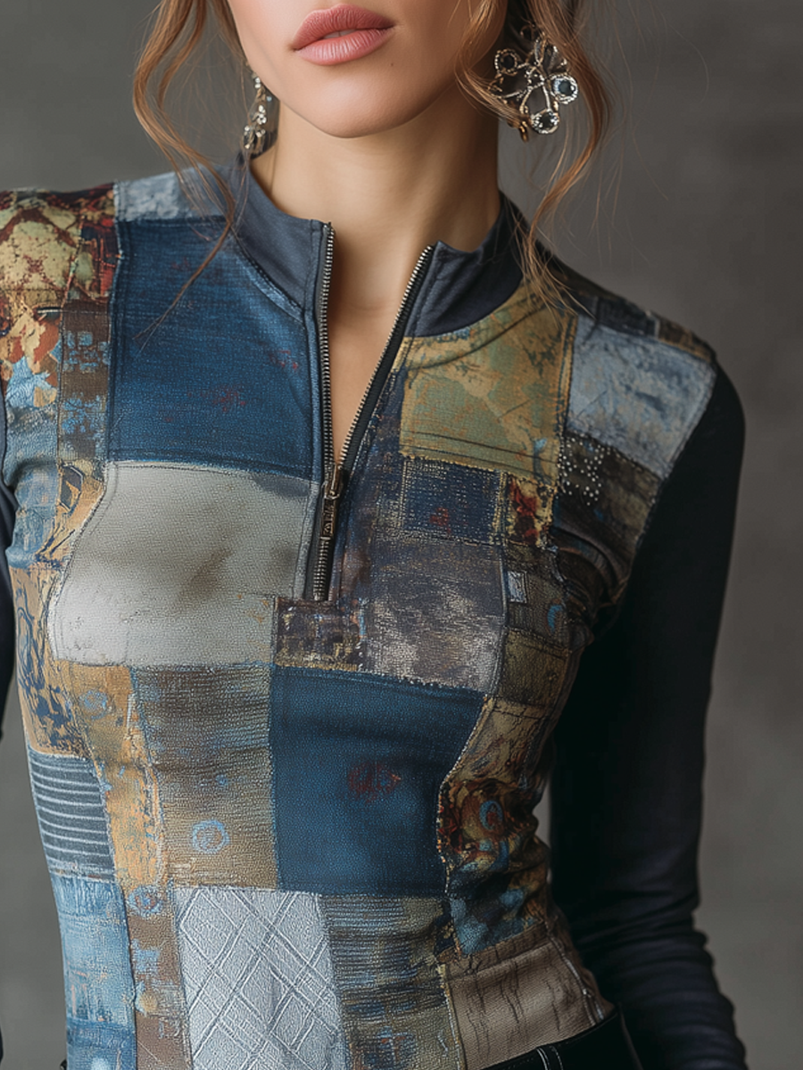 Vintage Zipper Neck Patchwork Long Sleeve Blouse