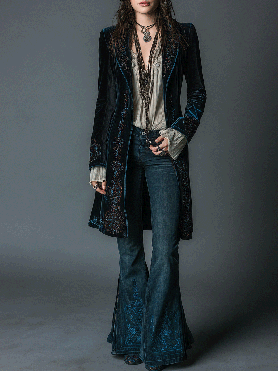 Vintage Navy Velvet Tailored Boho Embroidery Coat