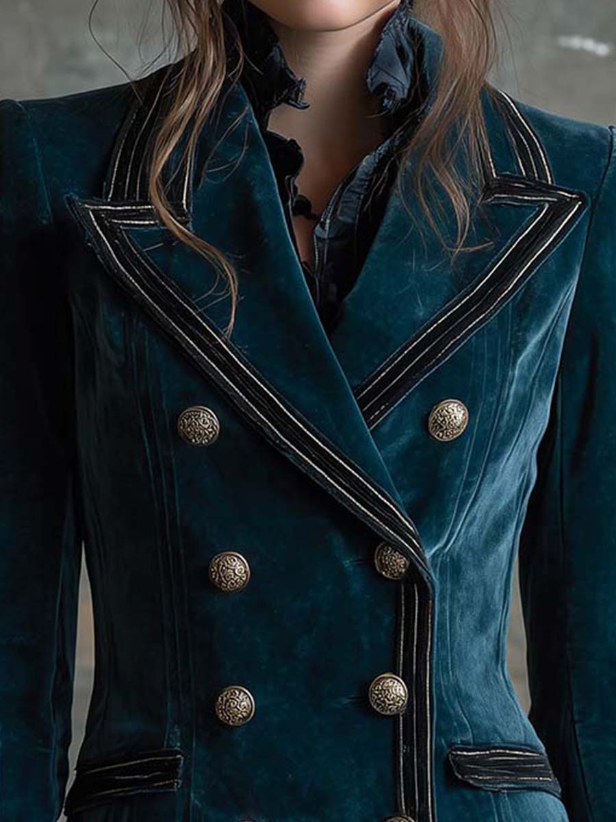 Structured Velvet Military Blazer With Contrast Trim - Dark Teal