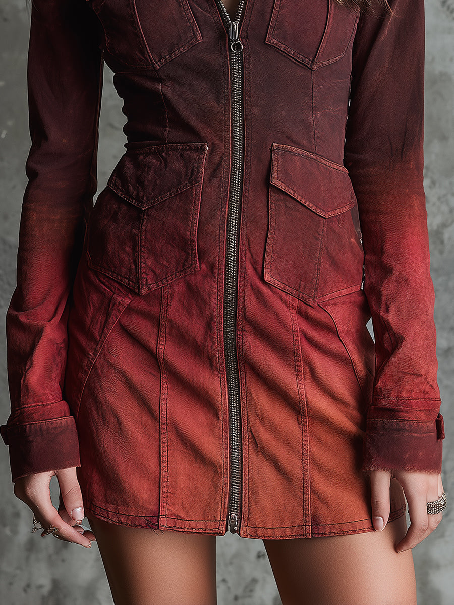 Bohemian Washed Gradient Denim Flap Pocket Slim Mini Dress