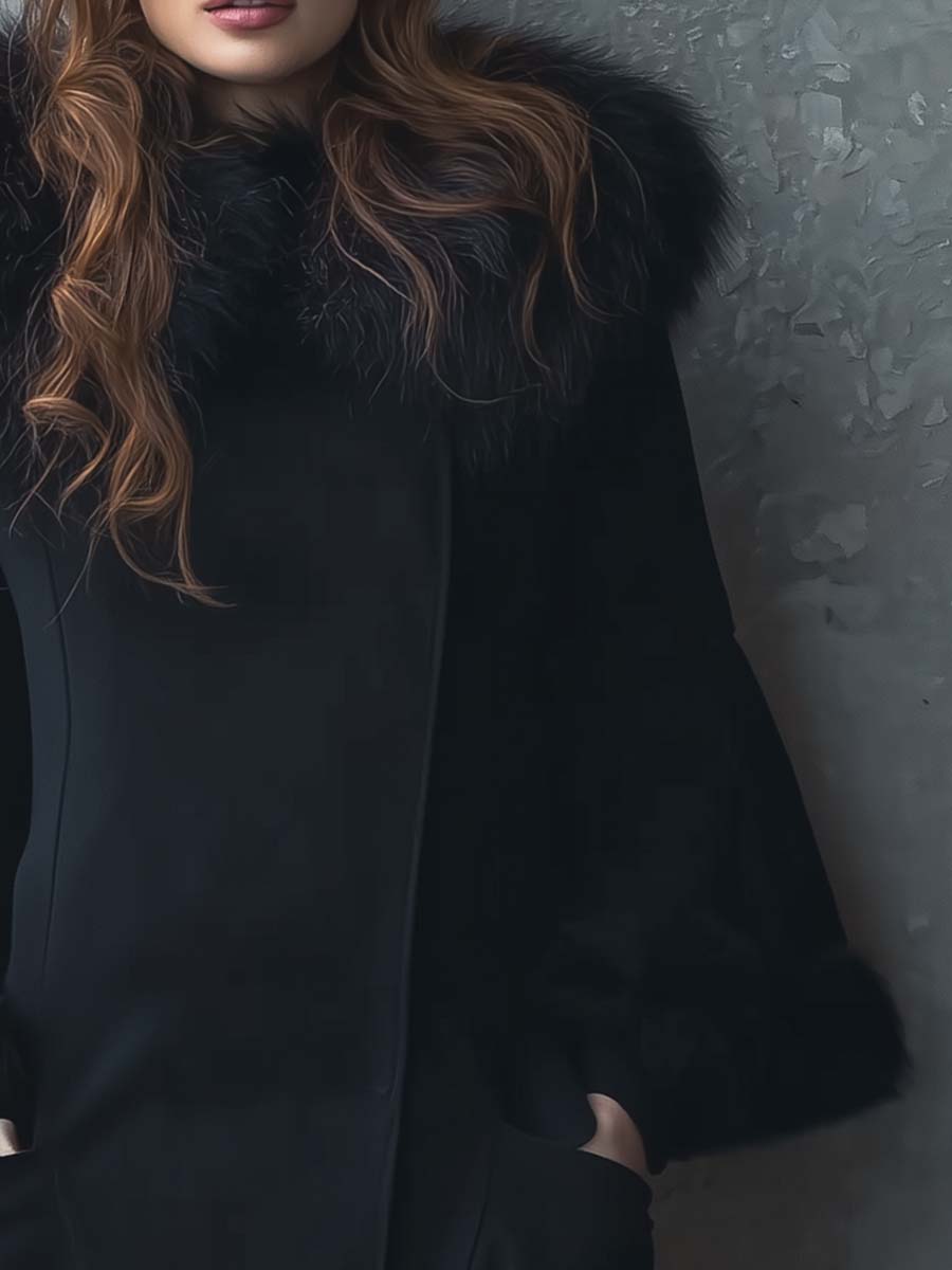 Black Wool-Blend Maxi Coat With Detachable Fur Collar