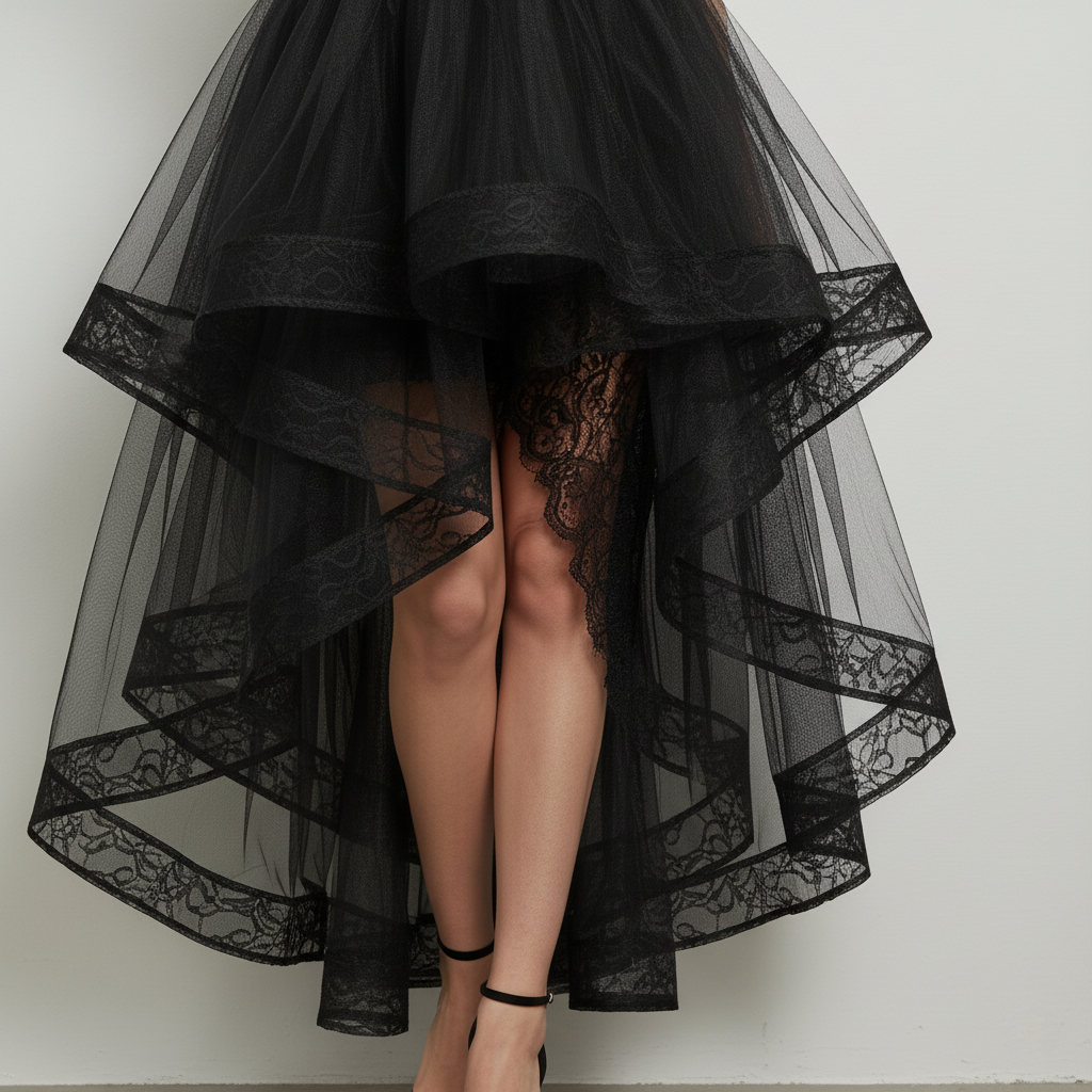Gothic Glamour Black Tulle & Velvet High-Low Dress