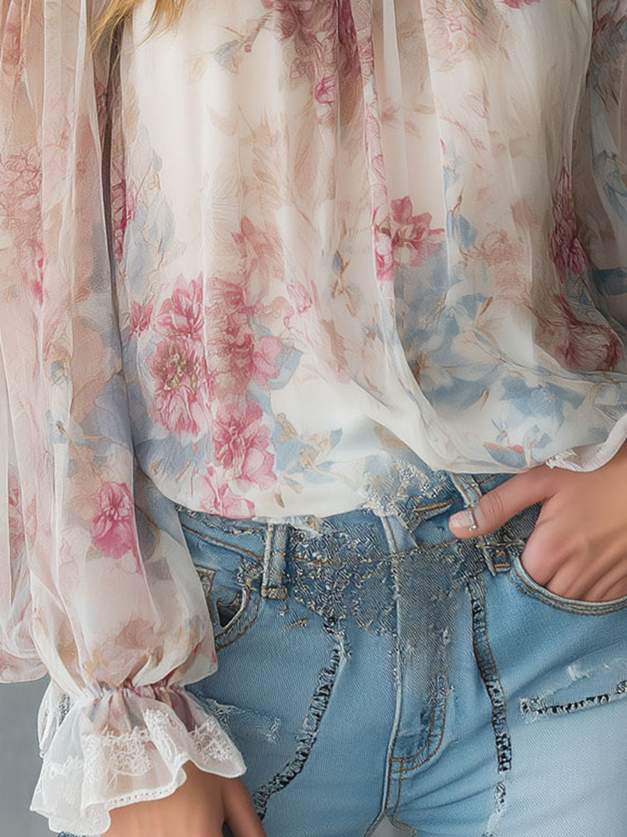Boho Cold Shoulder Lace Trim Sheer Floral Chiffon Blouse