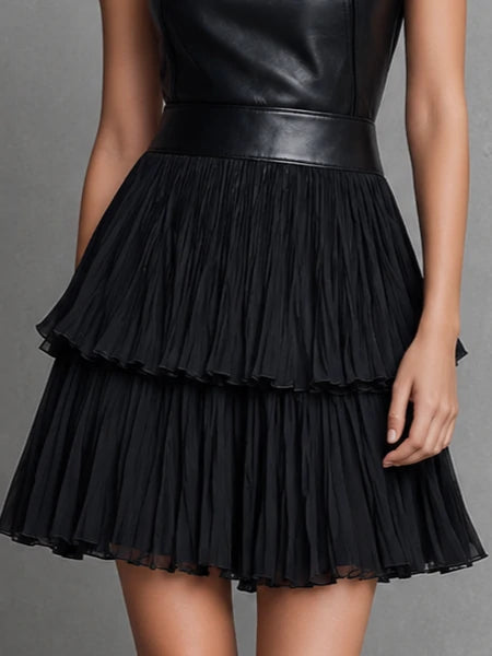 Chic Black Eco Leather & Pleated Chiffon Tiered Skirt Mini Dress