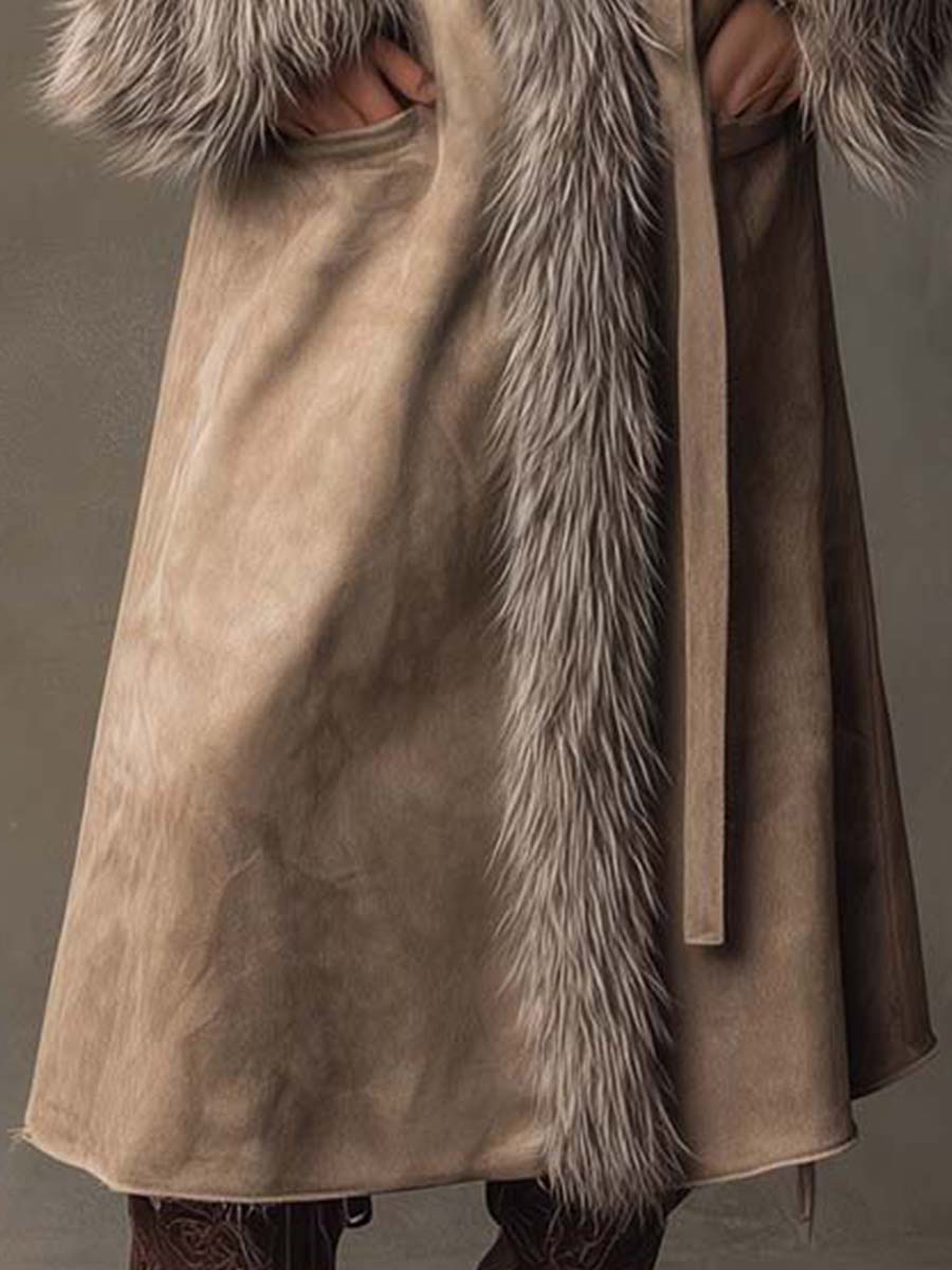 Toffee Cream Eco-friendly Suede Long Coat With Faux Fur Trim And Belt