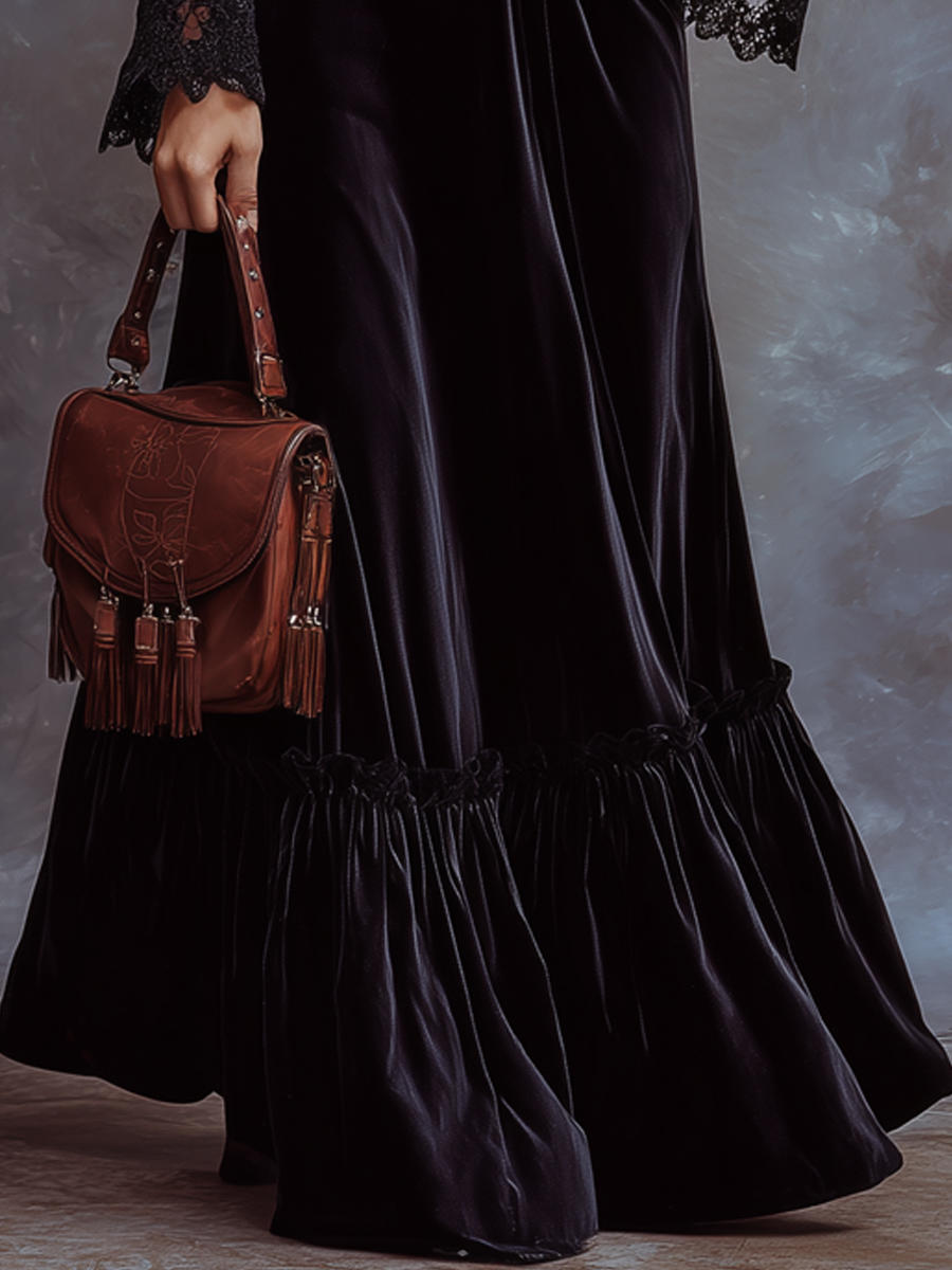 Vintage Embroidered Trim Lace Cuffs Polyester Velvet Maxi Dress