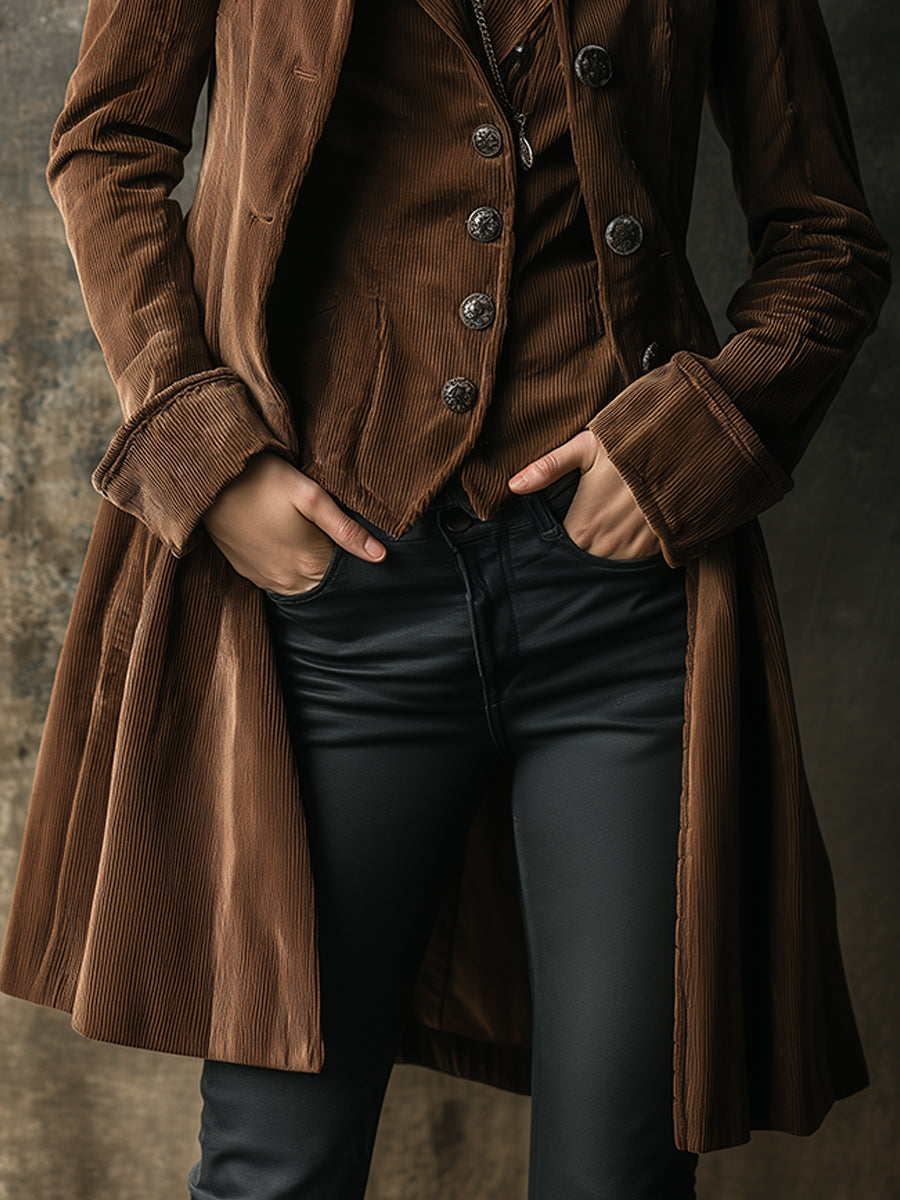 Bohemian Corduroy Stand Collar Mid-length Coat