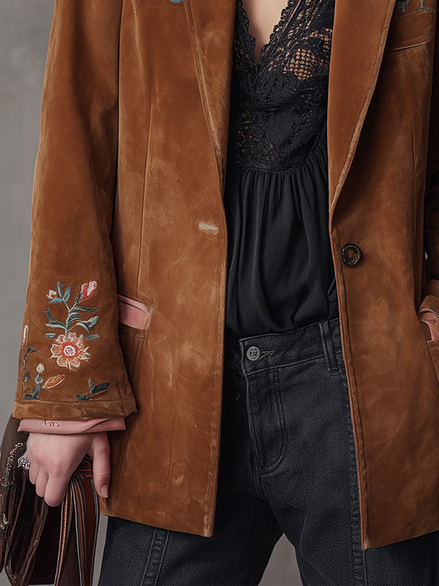 Vintage Suede Floral Embroidered Lapel Blazer