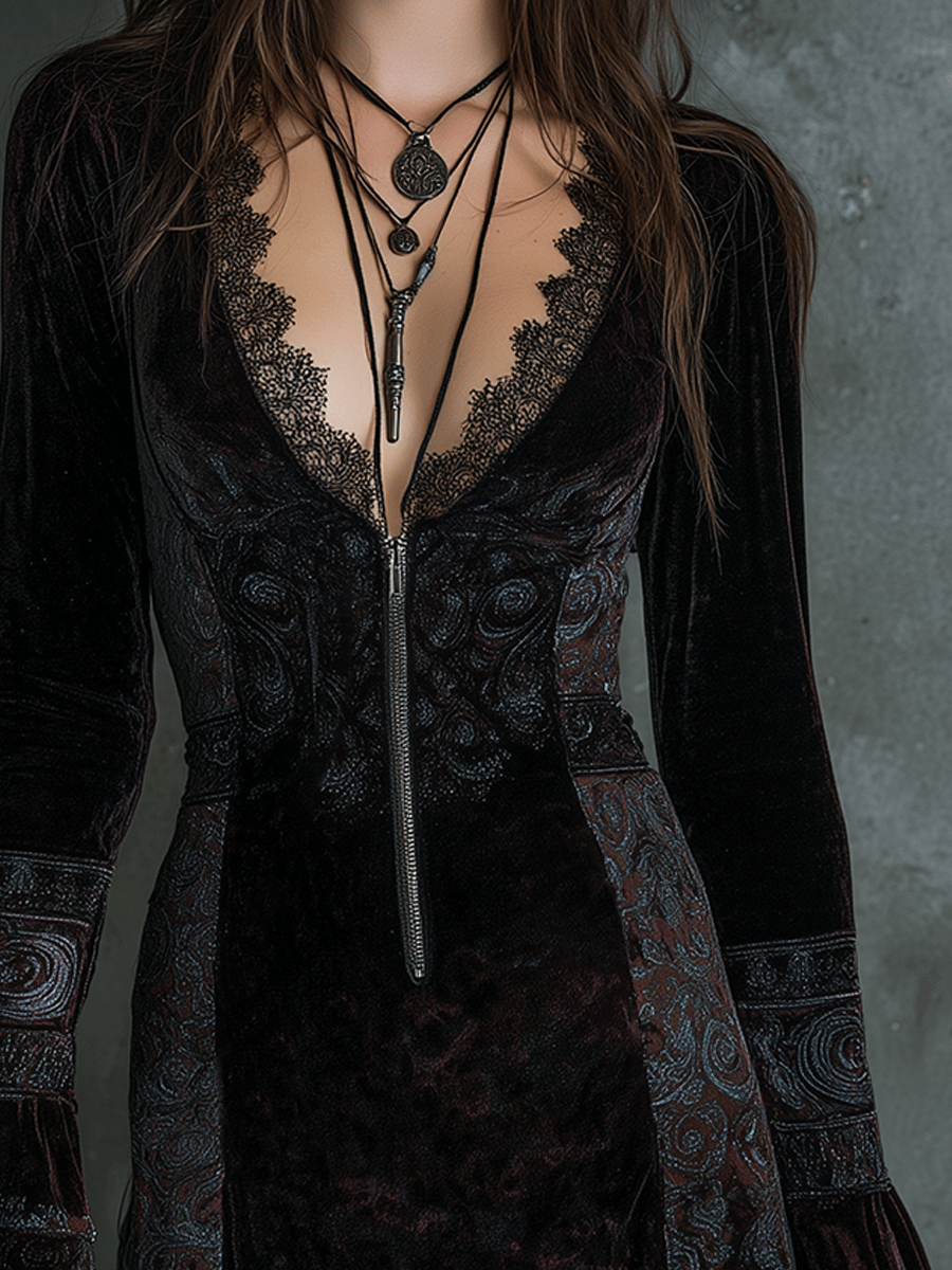 Bohemian Delicate Lace Velvet Mini Dress