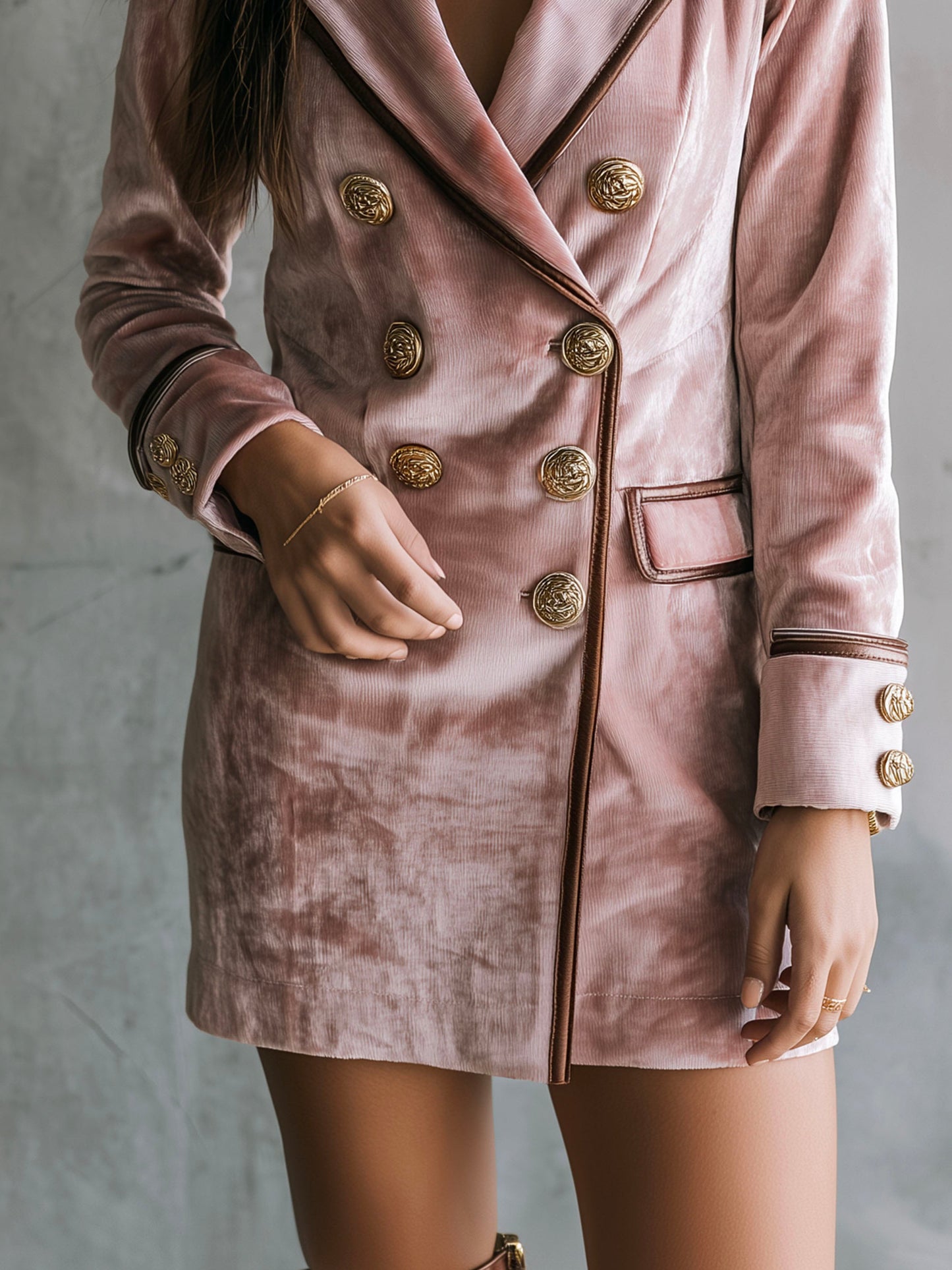 Elegant Dusty Pink Double-Breasted Velvet Blazer Dress