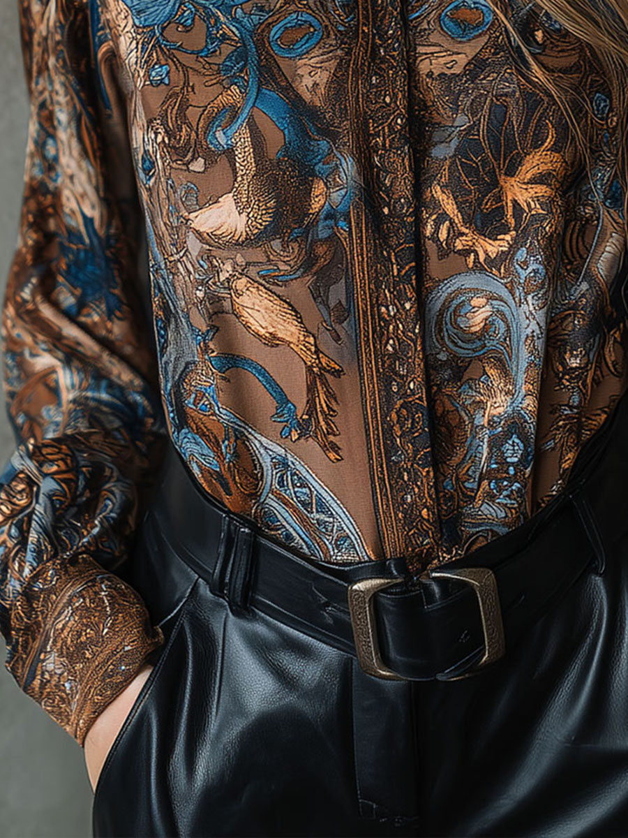Vintage Baroque Print Brown & Blue Long Sleeve Blouse