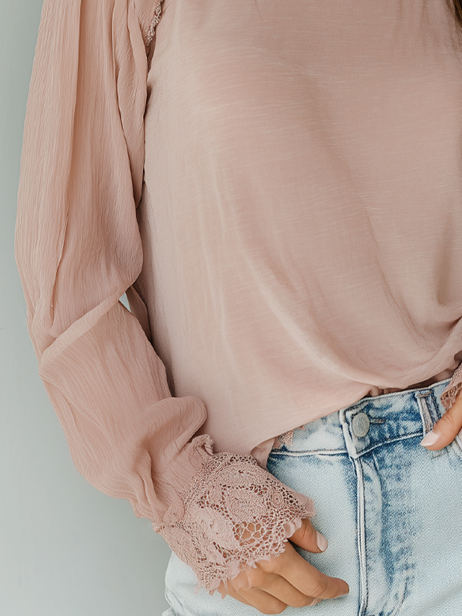 Retro Round Neck Lace Trim Long Sleeve Blouse