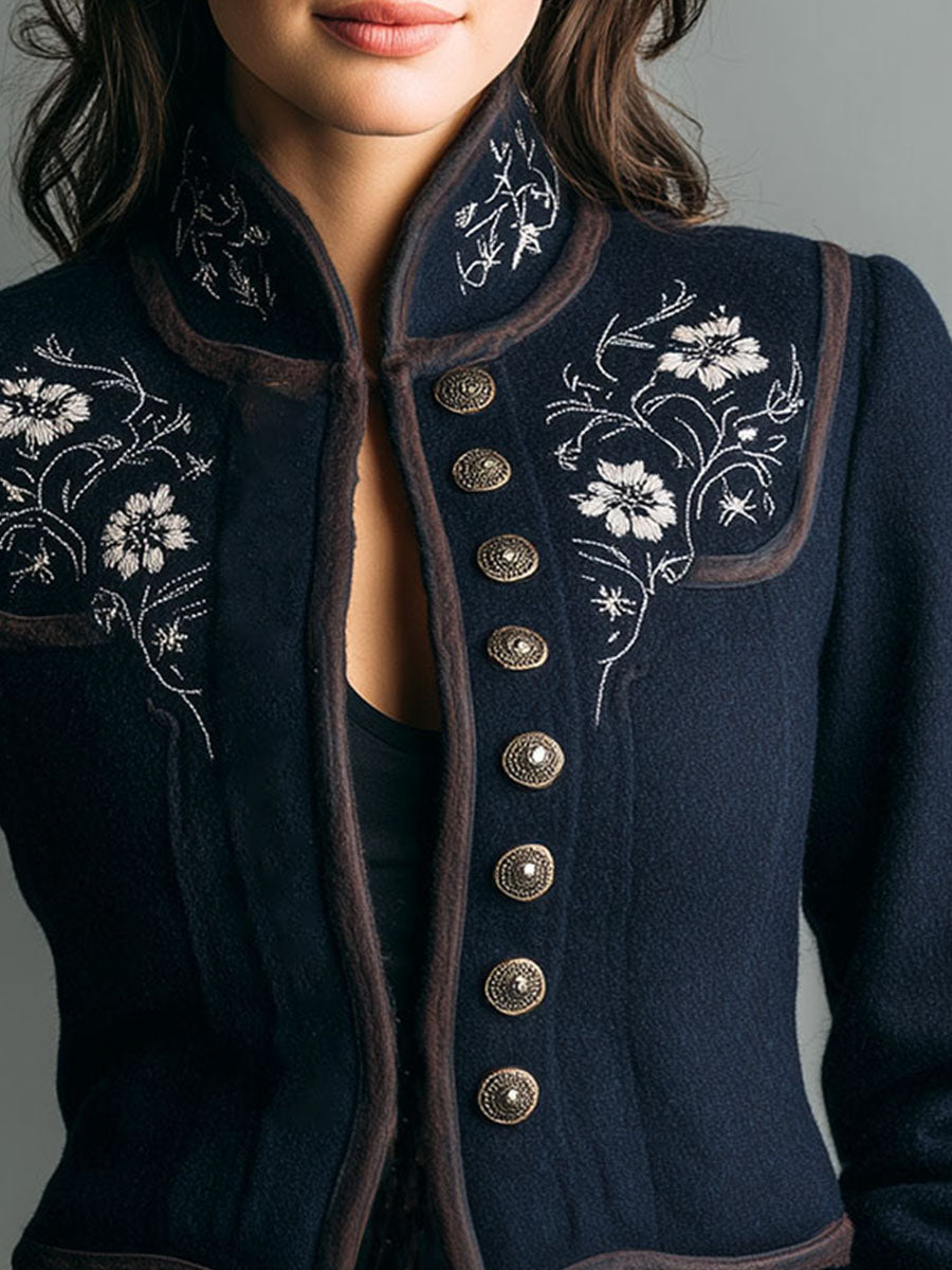 Navy Wool High-Neck Cropped Jacket With Floral Embroidery
