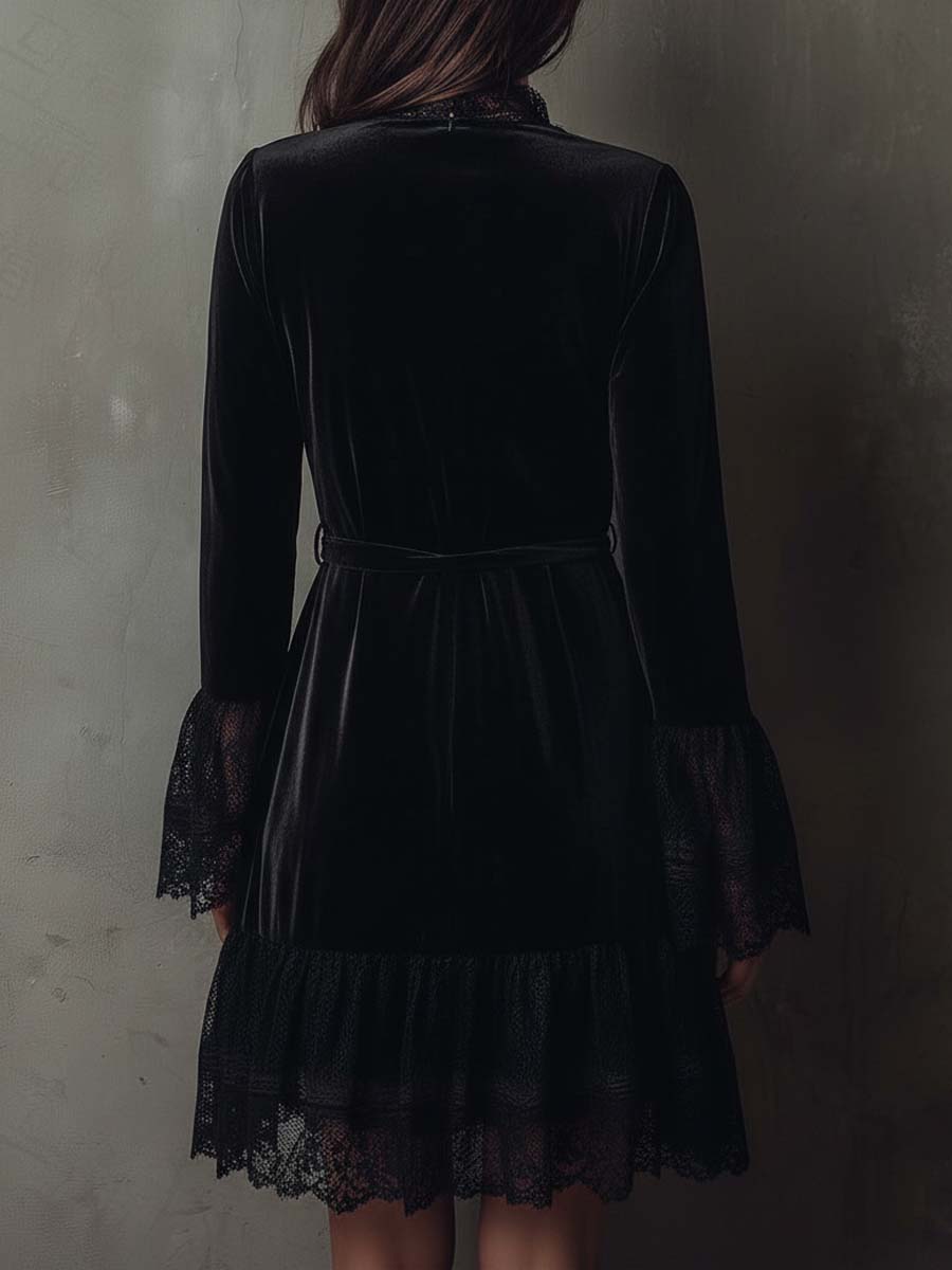 Black Velvet Lace Trim Mini Dress – Vintage Noir Elegance