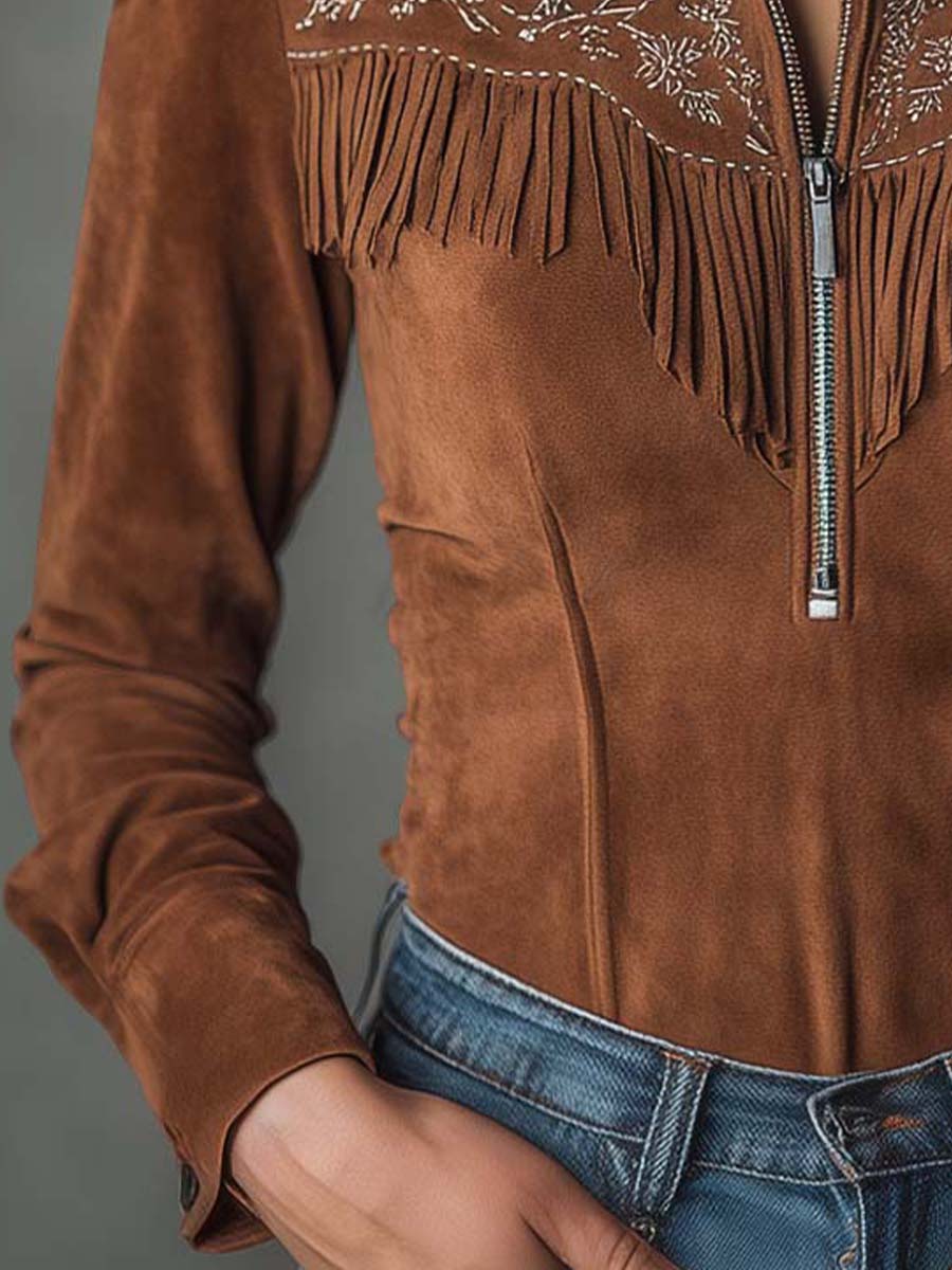 Vintage Suede Fringe Embroidered Zip-Up Top