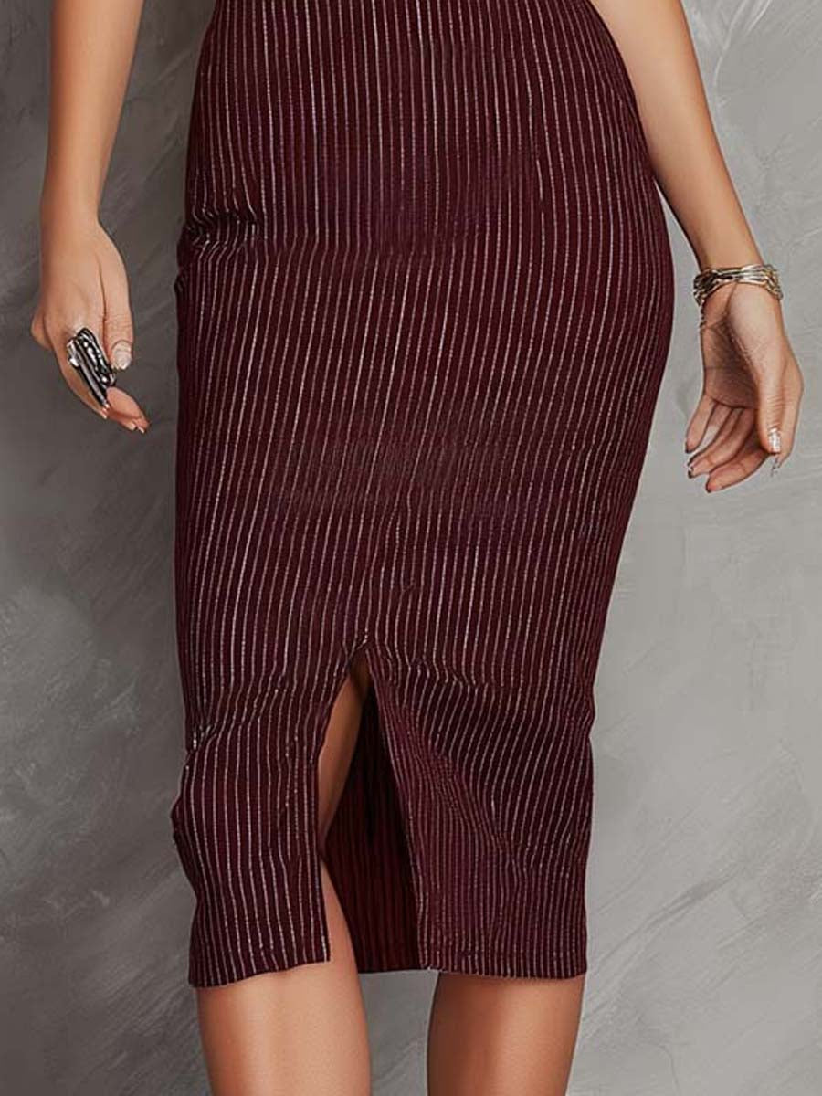 Vintage Elegant Pinstripe Woven Midi Dress