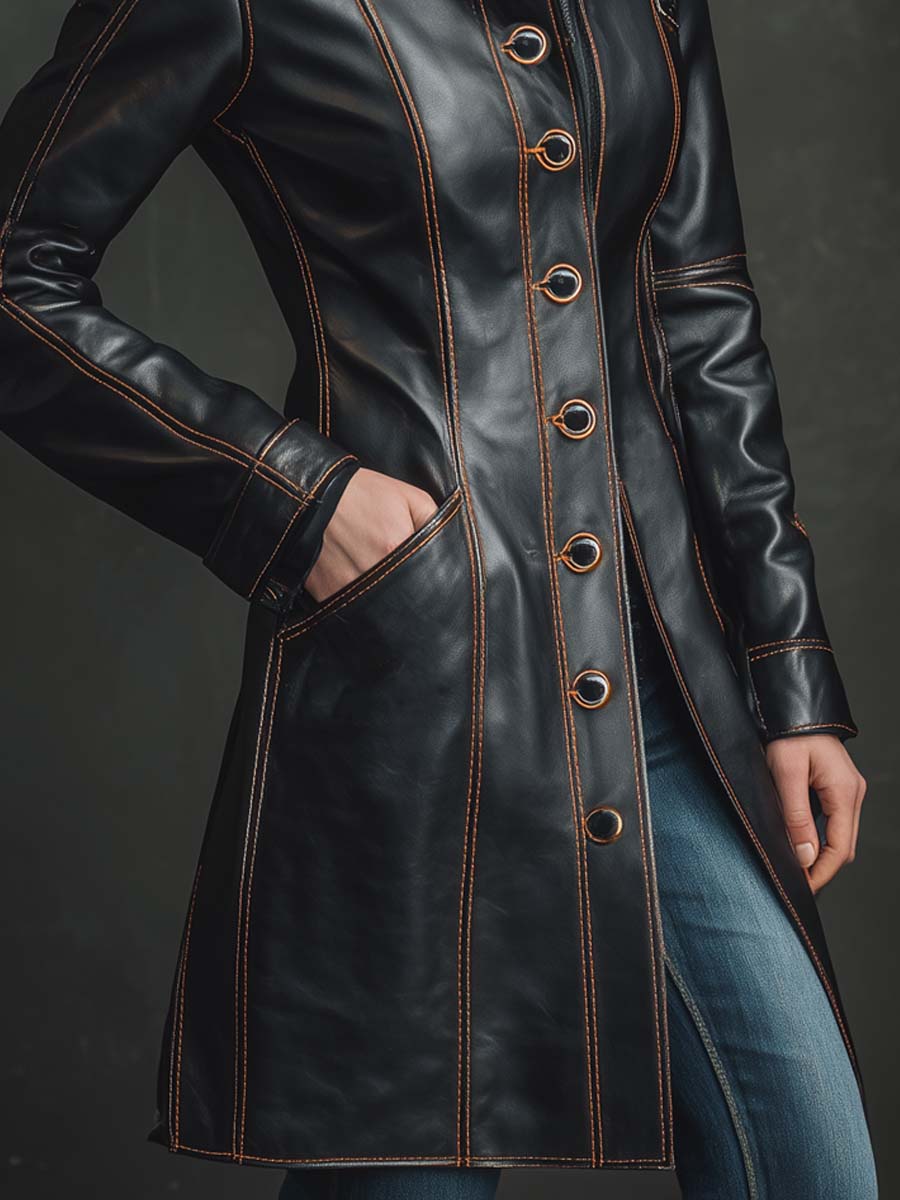Vintage Contrasting Stitching Faux Leather Long Jacket
