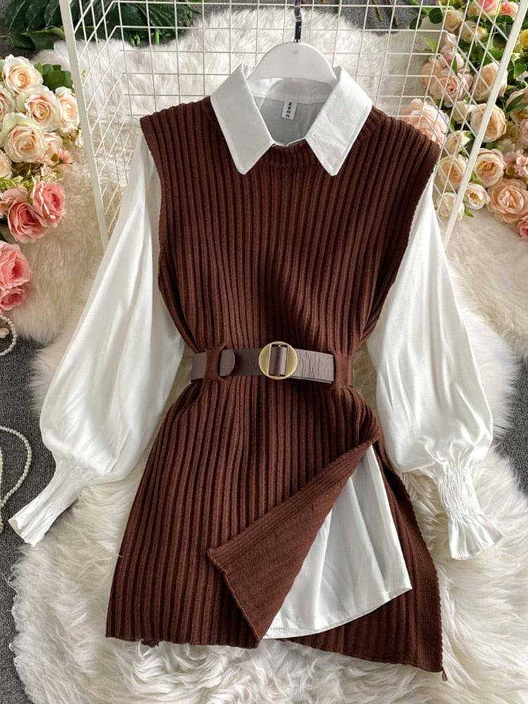 spring autumn women's lantern sleeve shirt knitted vest two piece sets of College style waistband vest two sets top UK900