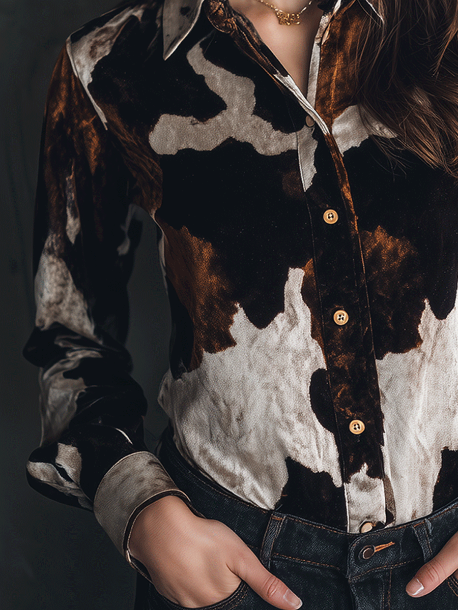 Luxe Texture Velvet Cow Print Button-Up Shirt