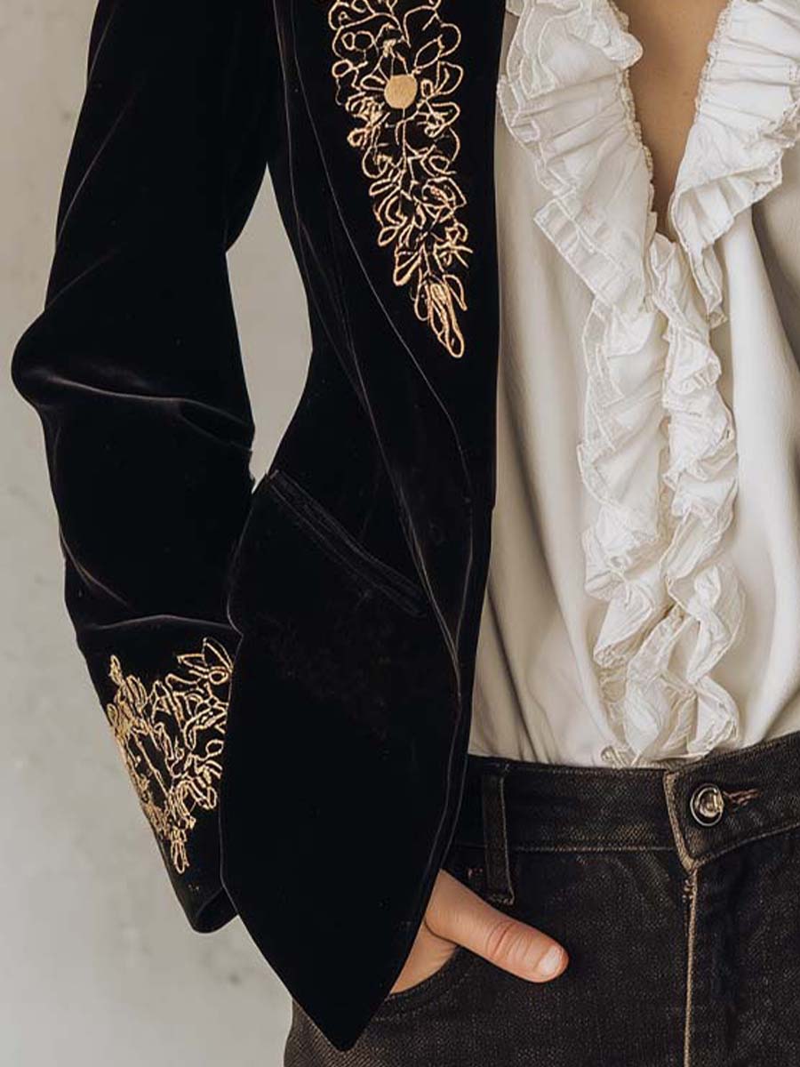 Embroidered Velvet Blazer With Gold Floral Detailing – Midnight Black