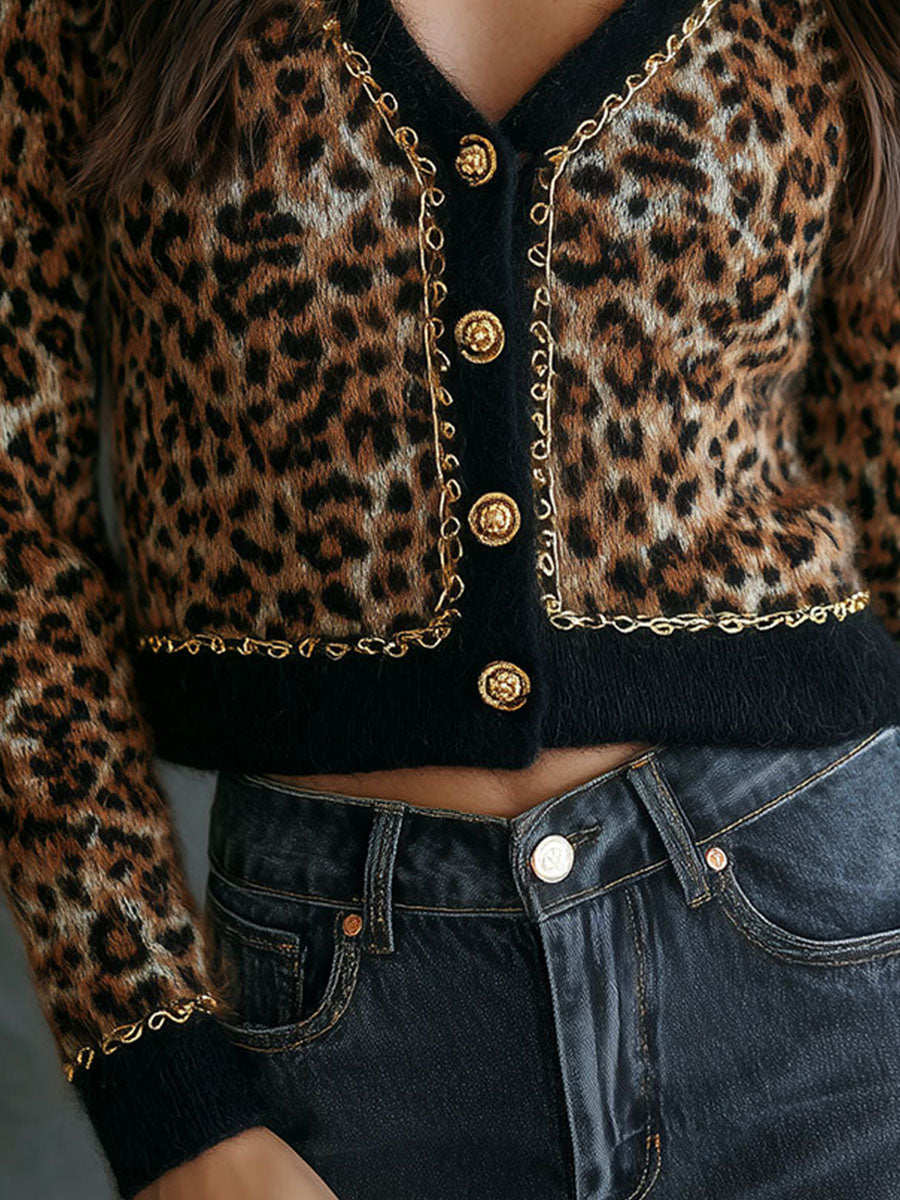Chic Leopard Print Fuzzy Knit Cardigan With Gold Button