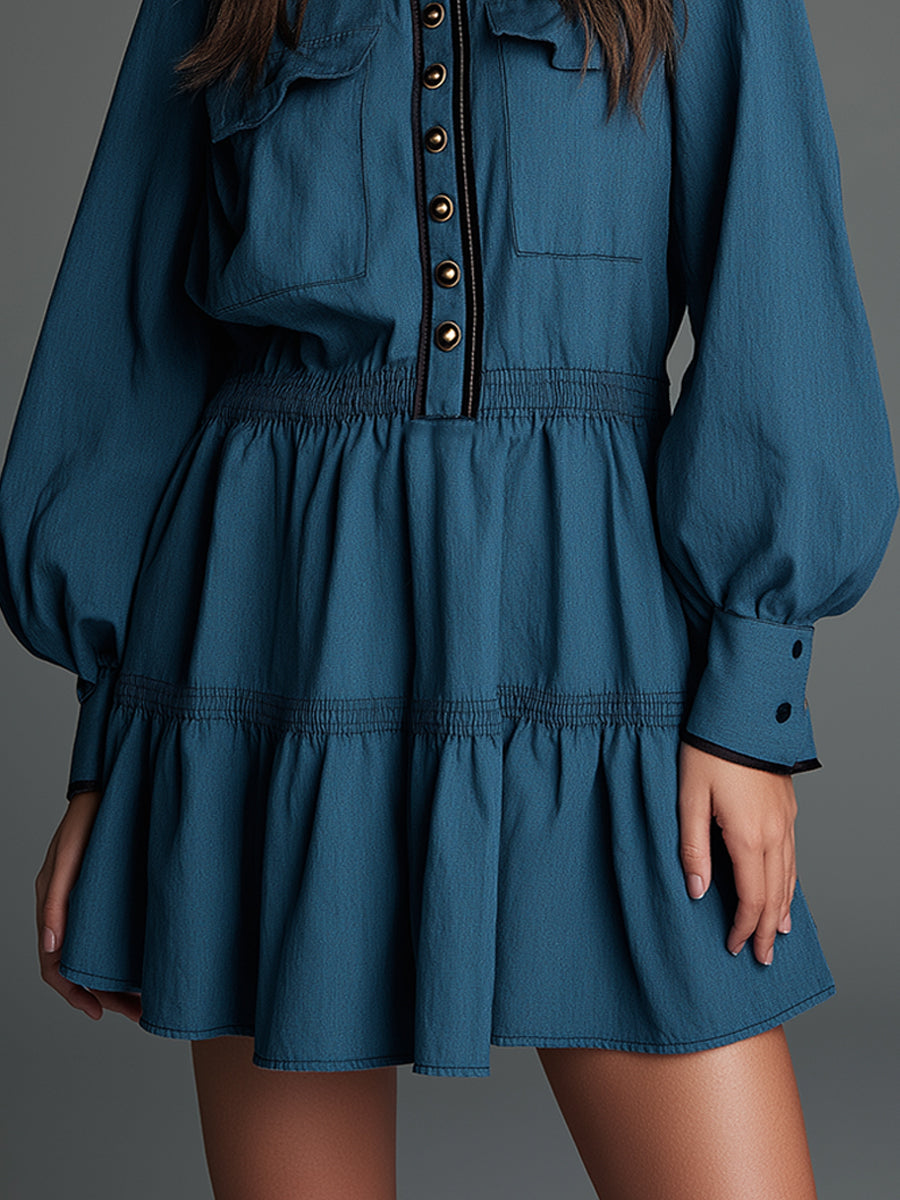 Retro Elegance Midnight Teal Structured Cotton-blend Mini Dress