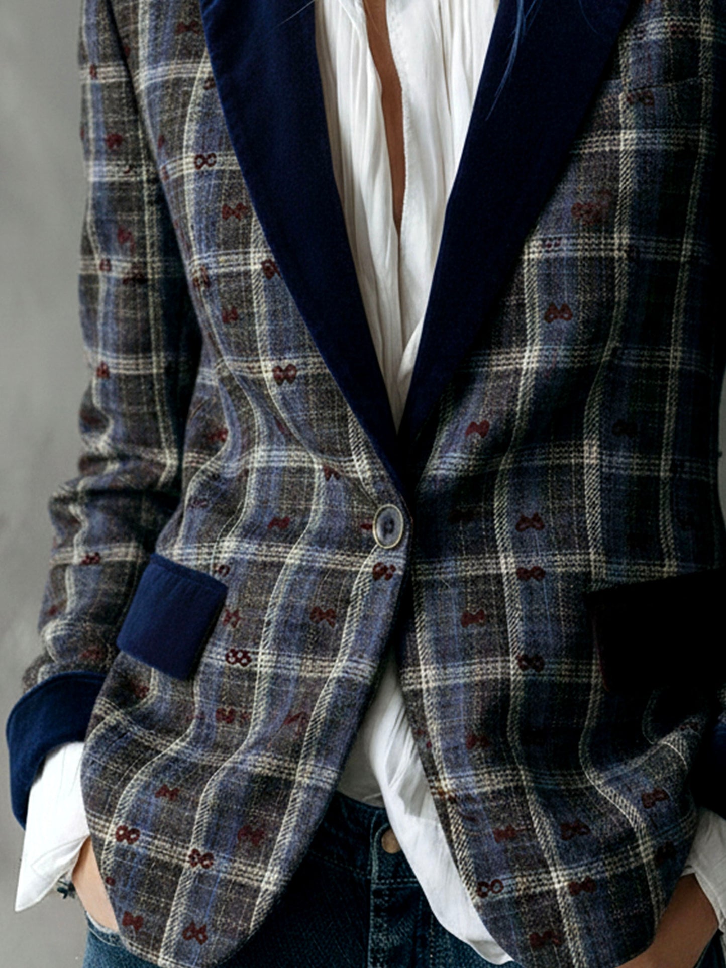 Vintage Check Pattern Wool Blazer With Flocked Bow And Velvet Trim