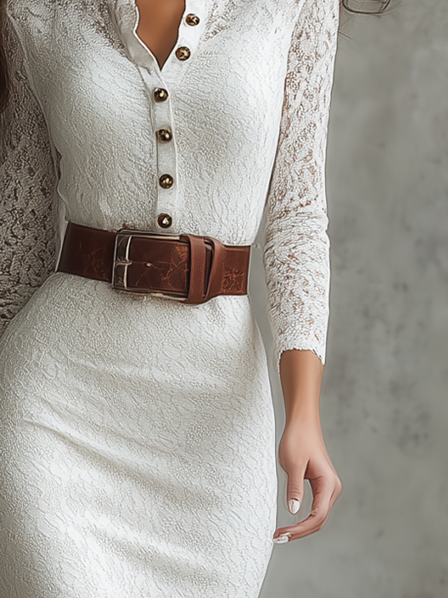 Vintage Henley Collar Long Sleeve Lace Midi Dress