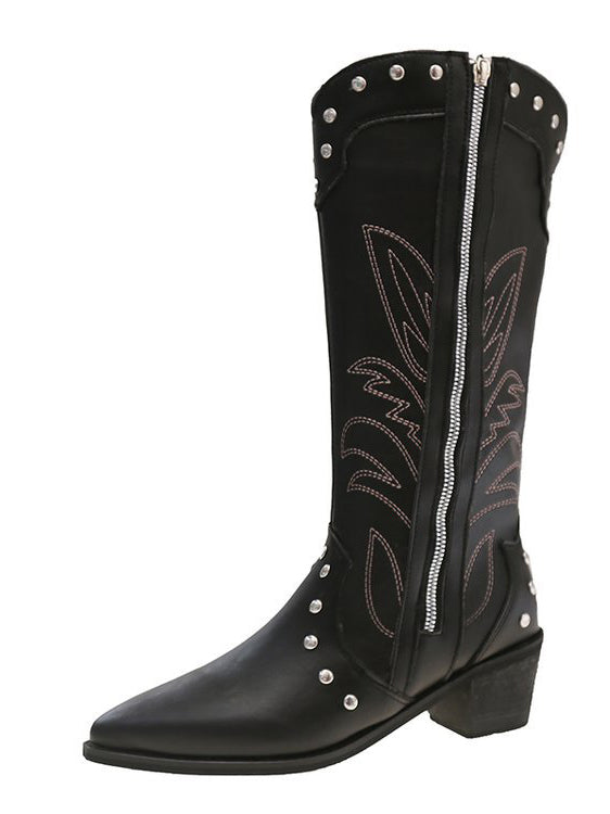 Retro Pointed Toe Thick Heel Western Cowboy Boots Side Zipper Rivet Embroidery V-neck High-top Knight Boots