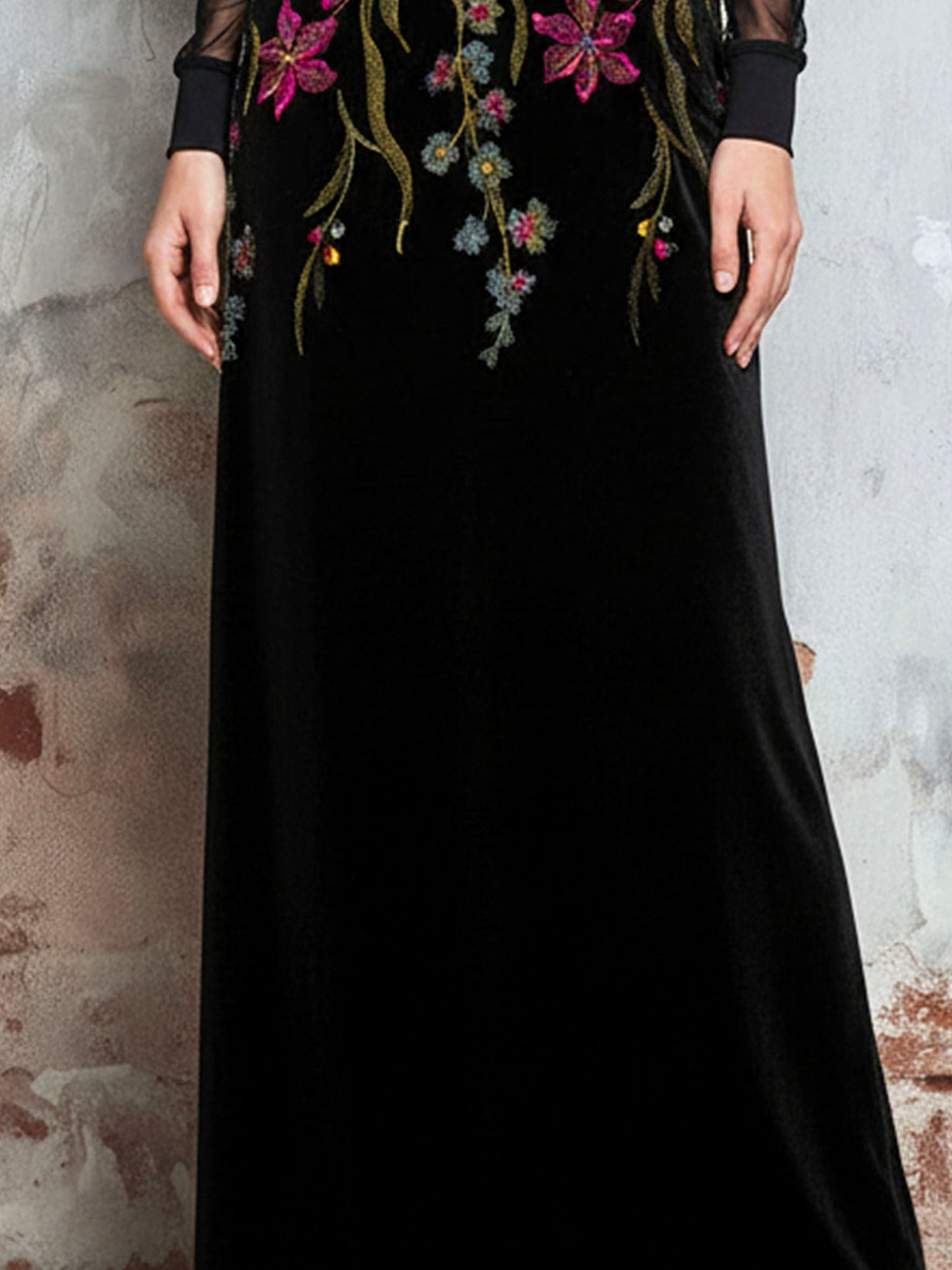 Black Velvet Embroidered Floral Evening Gown With Sheer Sleeves