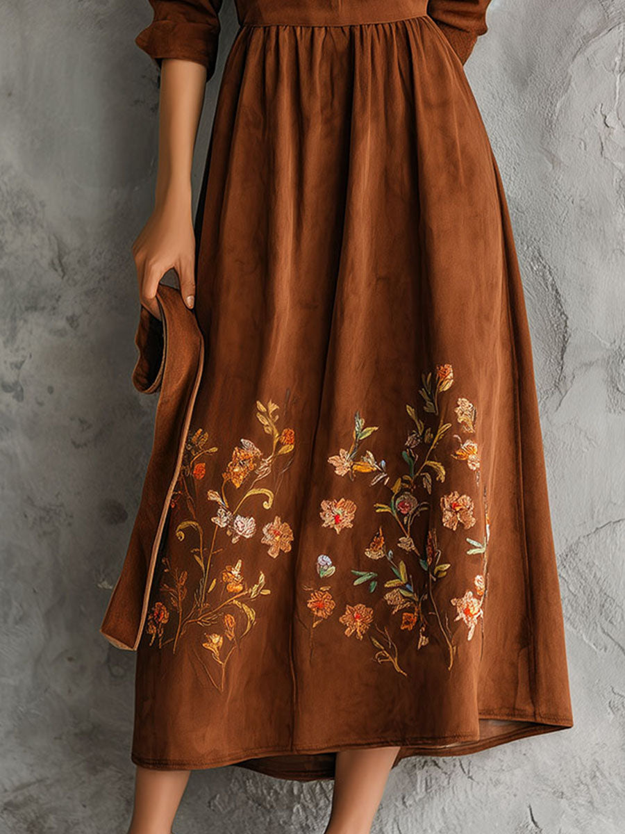 Vintage Brown Floral Embroidered Suede Midi Dress