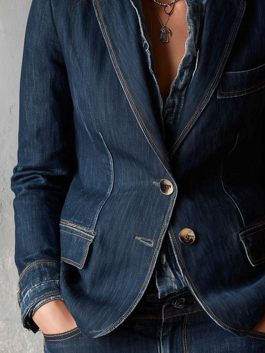 Vintage Washed Denim Lapel Blazer