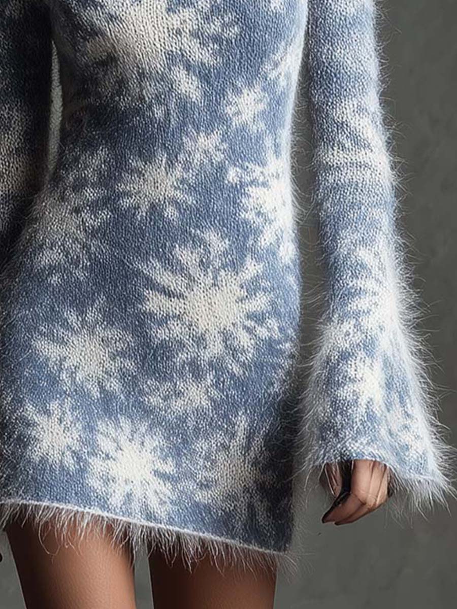 Retro French Style Blue Snowflake Knit Mini Dress