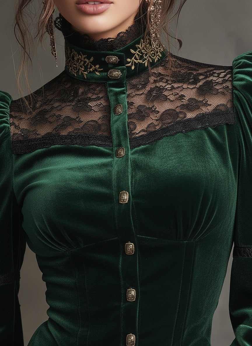 Emerald Velvet & Lace Victorian Blouse