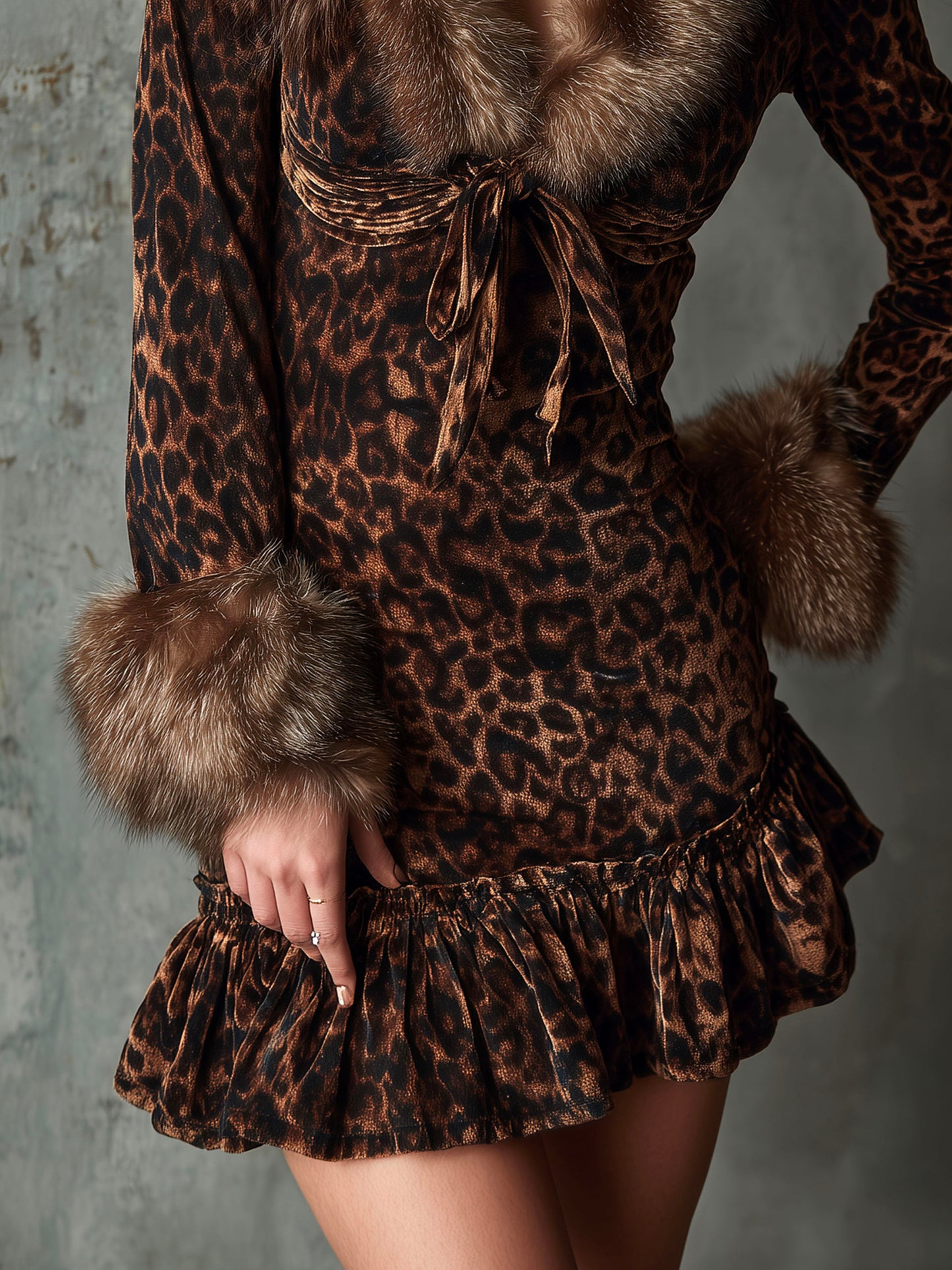 Leopard Pattern Velvet Ruffled Hem Mini Dress With Eco Fur Collar And Cuffs